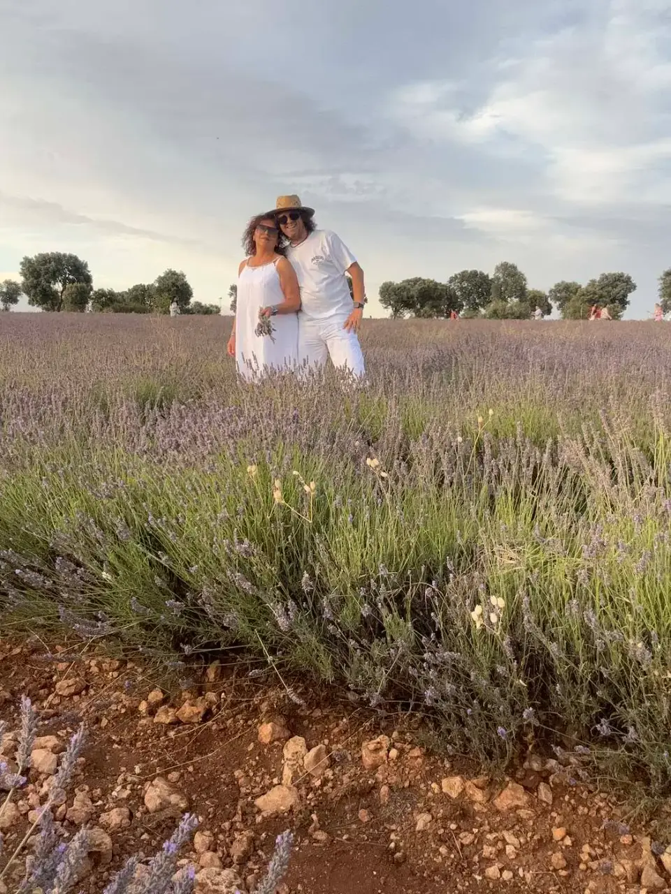 Jorge y Paola abrazados en medio del campo de lavanda