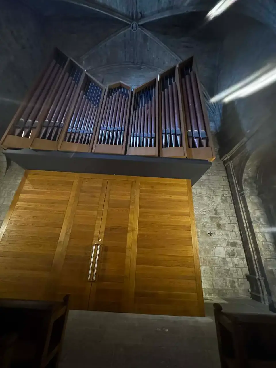 Órgano sobre la puerta de madera de la iglesia de Leyre