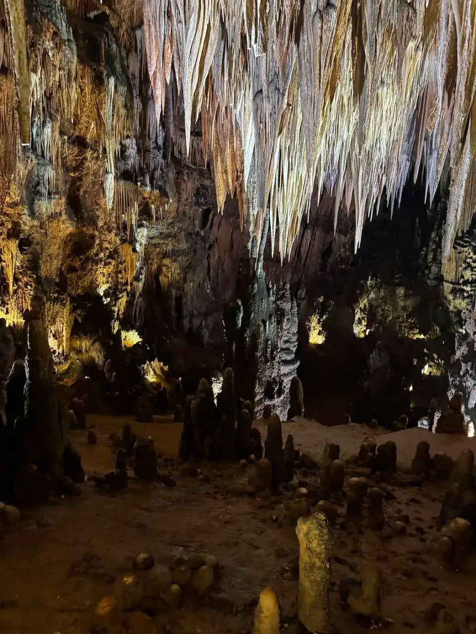 Gran sala de la cueva con estalactitas iluminadas